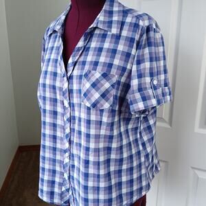 Great NW Purple Plaid Button-up Blouse 2X repaired pullover collar short sleeve